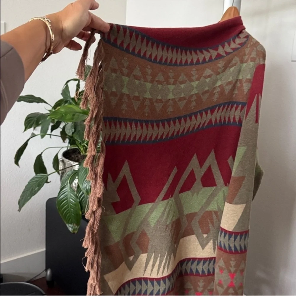 Tasha Polizzi Southwestern Drape Fringe cardigan sweater Sz M Brown Red Open - Picture 9 of 12
